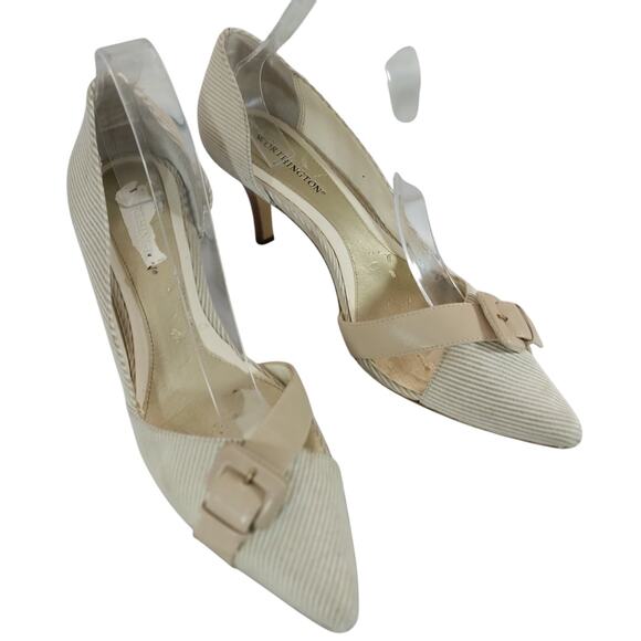 WORTHINGTON! CREAM & TAN GROSGRAIN STRIPED POINTY TOE HEELS, PUMPS! SZ 9M - Picture 1 of 11
